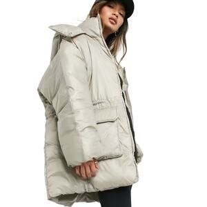 Weekday S Martine Puffer Jacket Hooded Draw Cord Waist Beige Slouchy